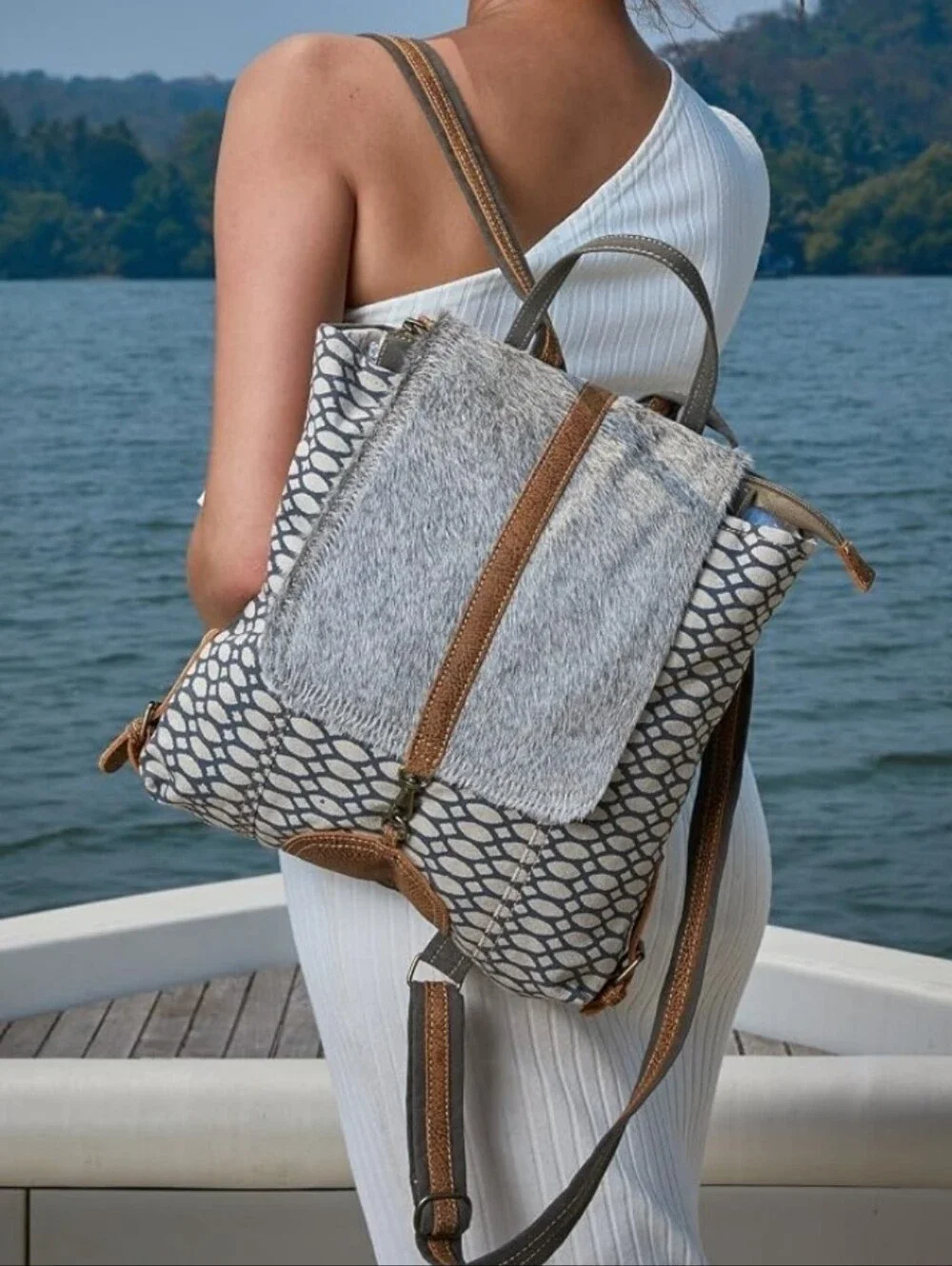 Myra Bag Gray Patterned Backpack with Fur Detail